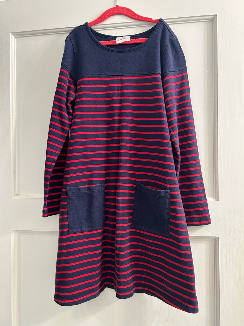 Hanna Andersson Girls Navy and Red Striped Long-Sleeve Dress Size 140/10